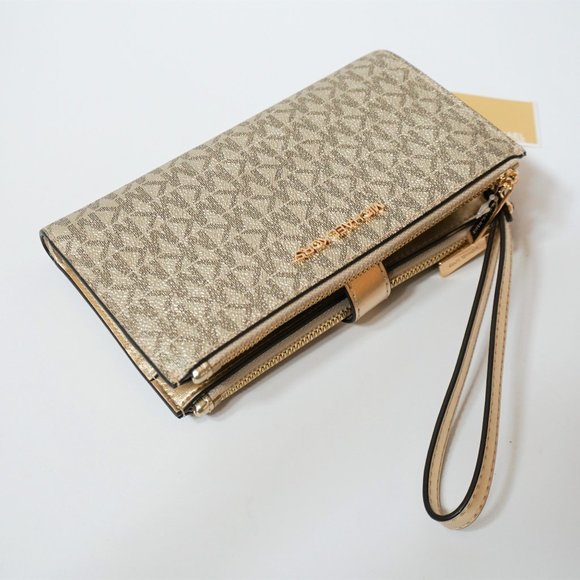 Michael Kors Jet Set Travel Double Zip PVC Leather Wristlet MK Pale Gold - Picture 1 of 7